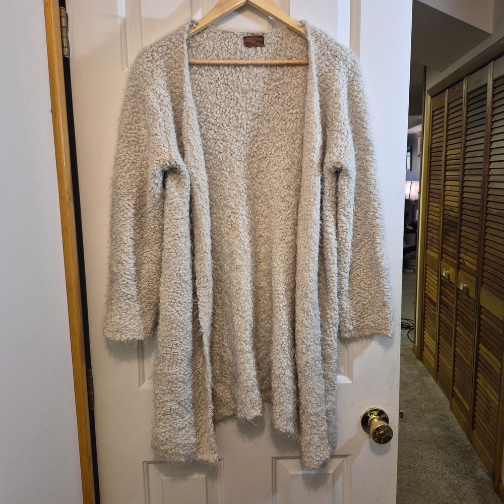 POL UB37A Cream Fuzzy Eyelash Popcorn Knit Open Front Long Cardigan Womens